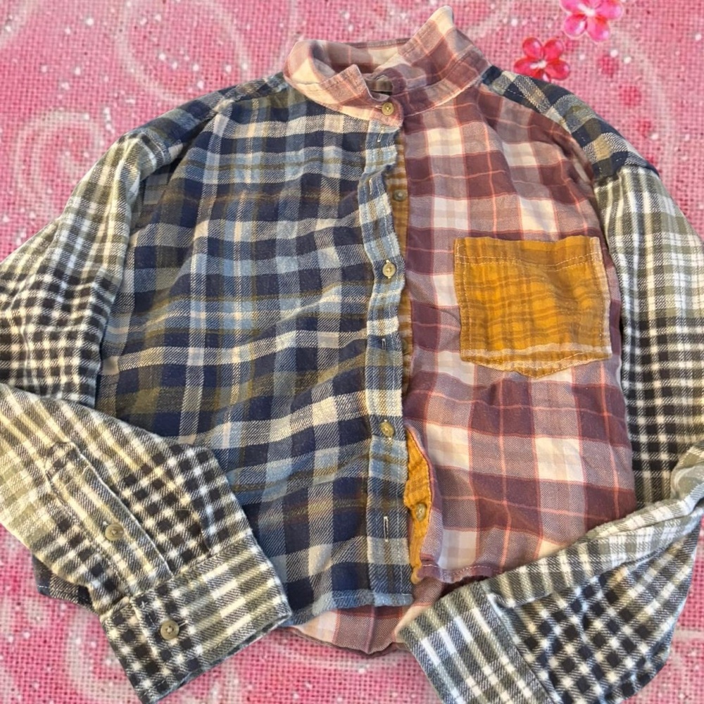 American Eagle Outfitters Mixed Plaid Button-Down Shirt with Mustard Pocket